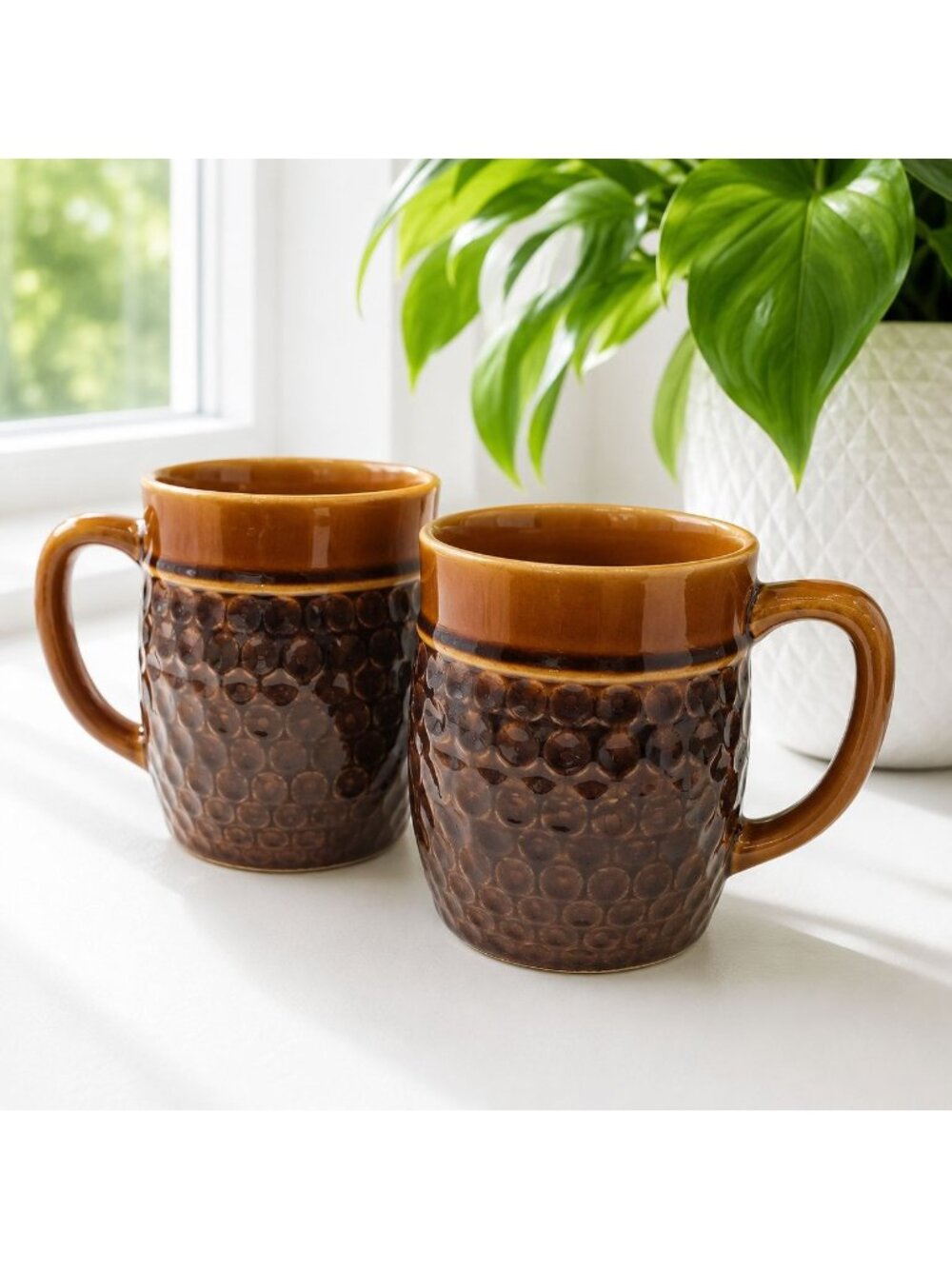 Vintage Levco Montreal Canada Brown Textured Ceramic Mugs Made In Japan 3.5" Tal